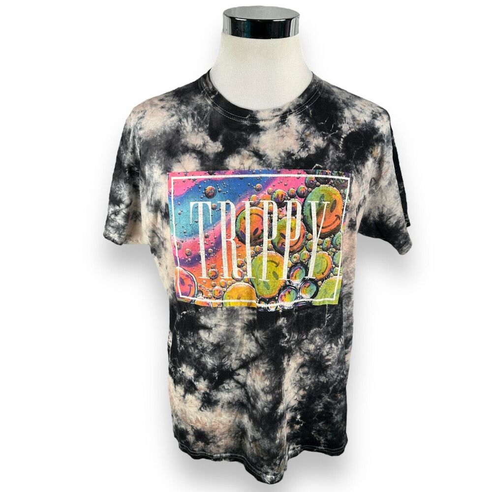 Vintage Trippy‎ T-Shirt Men's M Black Hippie Tie Dye Pullover Crew Neck Graphic